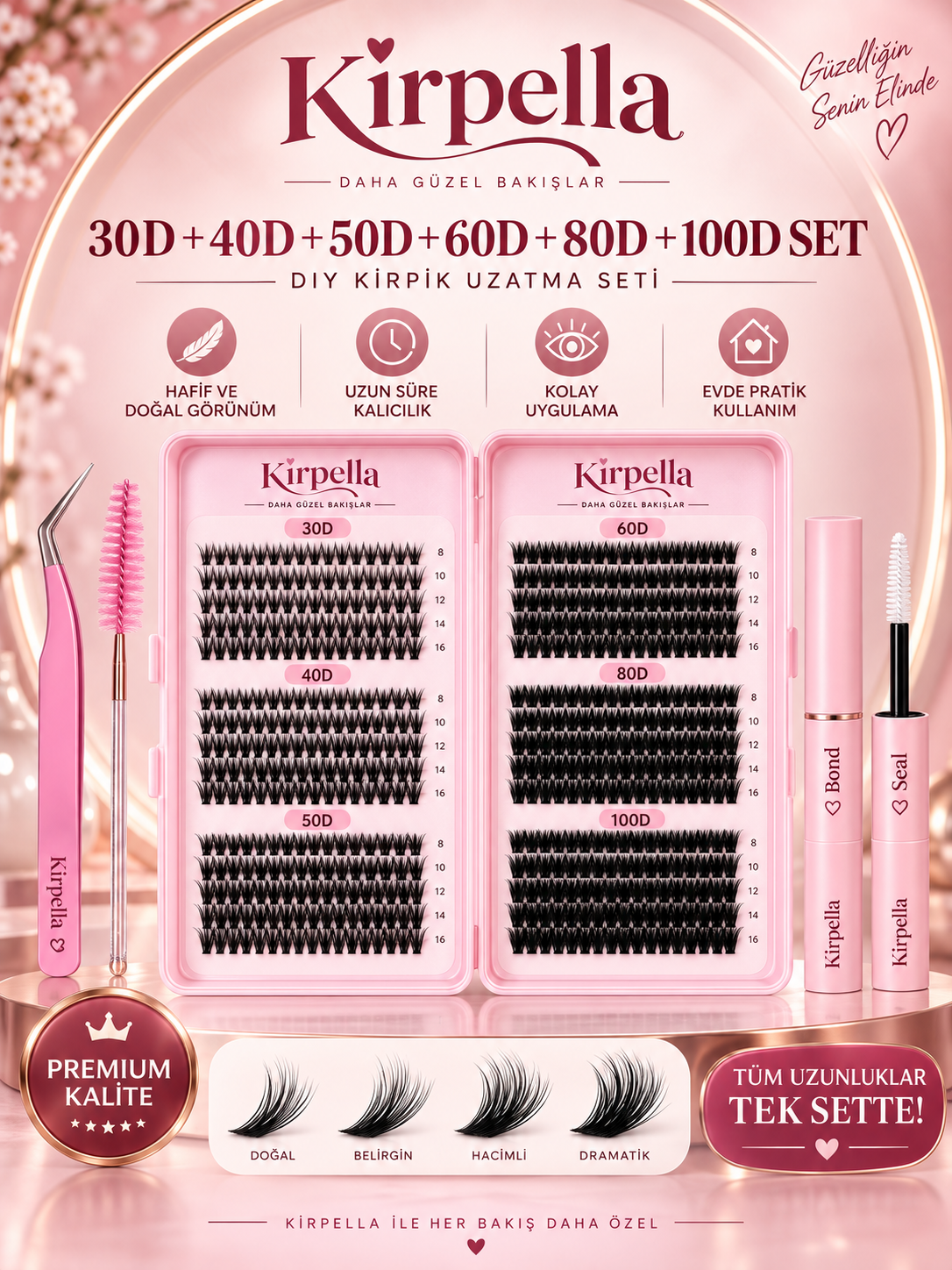 Kirpella® DIY Takma Kirpik Seti – 600 Parça Farklı Yoğunluklarda Kirpik