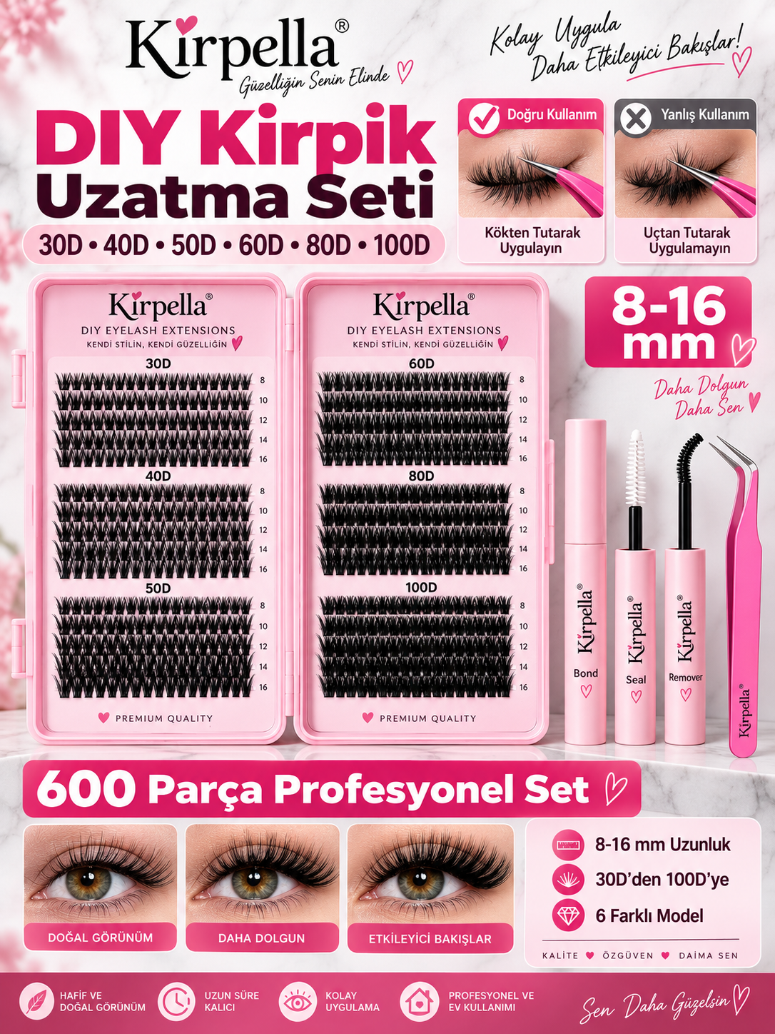 Kirpella® DIY Takma Kirpik Seti – 600 Parça Farklı Yoğunluklarda Kirpik