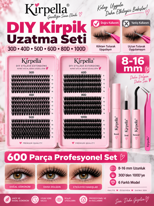 Kirpella® DIY Takma Kirpik Seti – 600 Parça Farklı Yoğunluklarda Kirpik