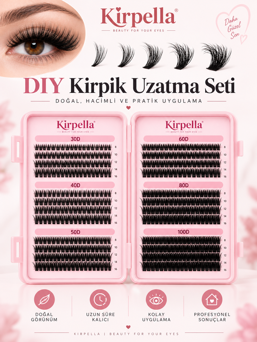 Kirpella® DIY Takma Kirpik Seti – 600 Parça Farklı Yoğunluklarda Kirpik